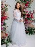 Long Sleeves White Lace Tulle V Back Flower Girl Dress